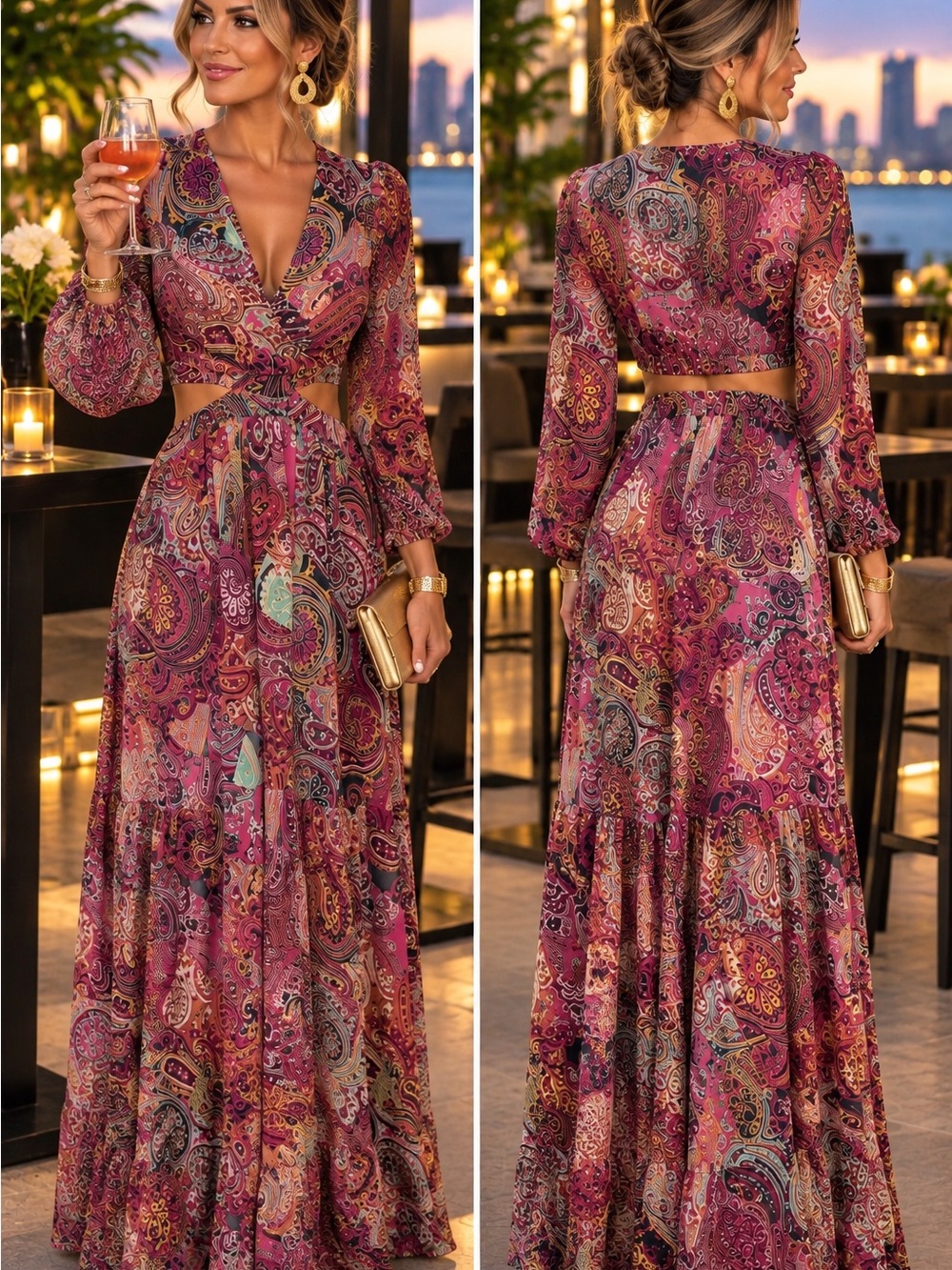 ZARA Paisley Cut-Out Maxi Dress Long Sleeve Boho